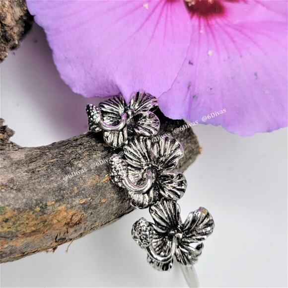 RHODIUM Cuff Bracelet Hibiscus Flowers Antique Rhodium Plating - Picture 7 of 11
